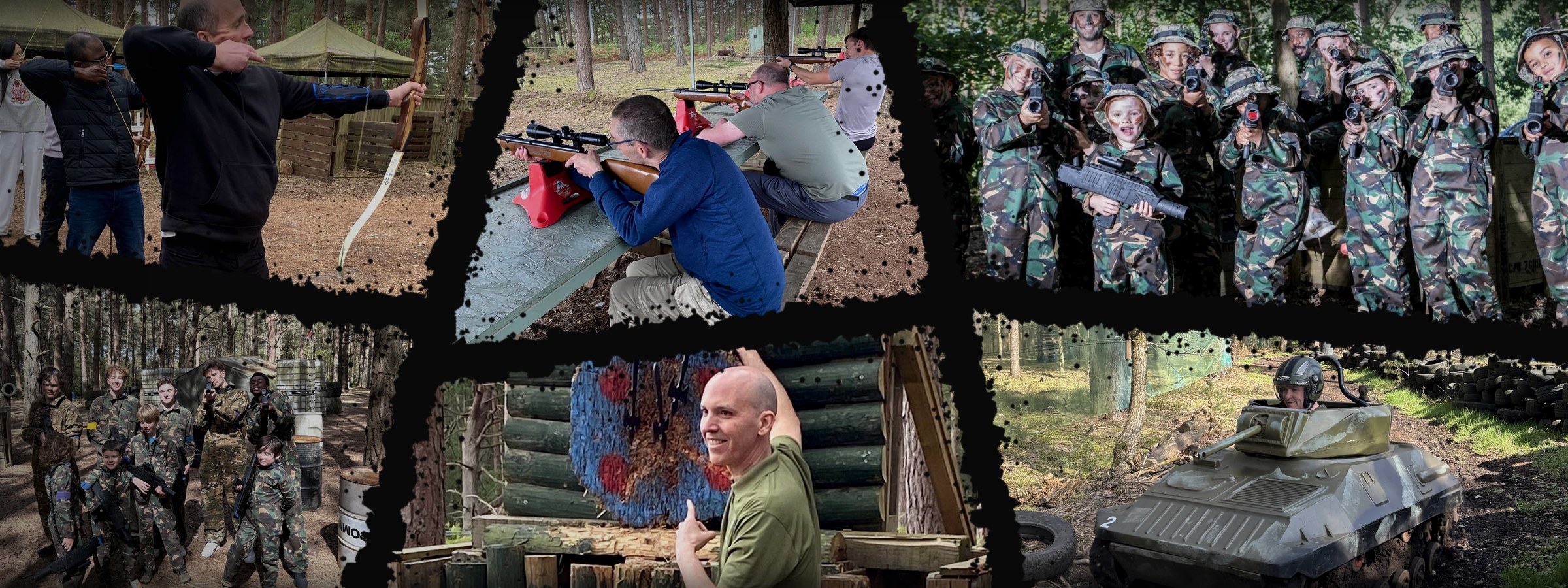Montage of archery, axe throwing, rifle shooting, laser tag and mini tank driving at Leisure Matters